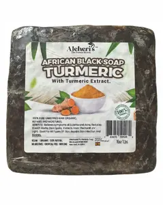 Aleheri’s 100% Raw African Black Soap Bar w/ Shea Butter & Turmeric Extract (16 oz) – Clarifying / Moisturizing – Black Soap for Dark Spots, Acne, Eczema & Stretch Marks – All Skin Types