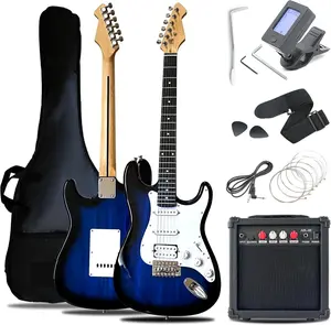 Soild  Electric Guitar Kit with Amp 20W, Strings, Strap, Digital Tuner, Picks, Gig Bag, , Tremolo Bar, 39" Full Size Guitar HSS Pickups Guitarra Electrica Beginner  - Blue