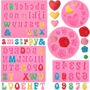Silicone Letter Molds for Chocolate, 5 Pcs Alphabet Number Rose Heart Shape Candy Molds, Fondant Moulds for Candy Cupcake Desserts Cake Decorations