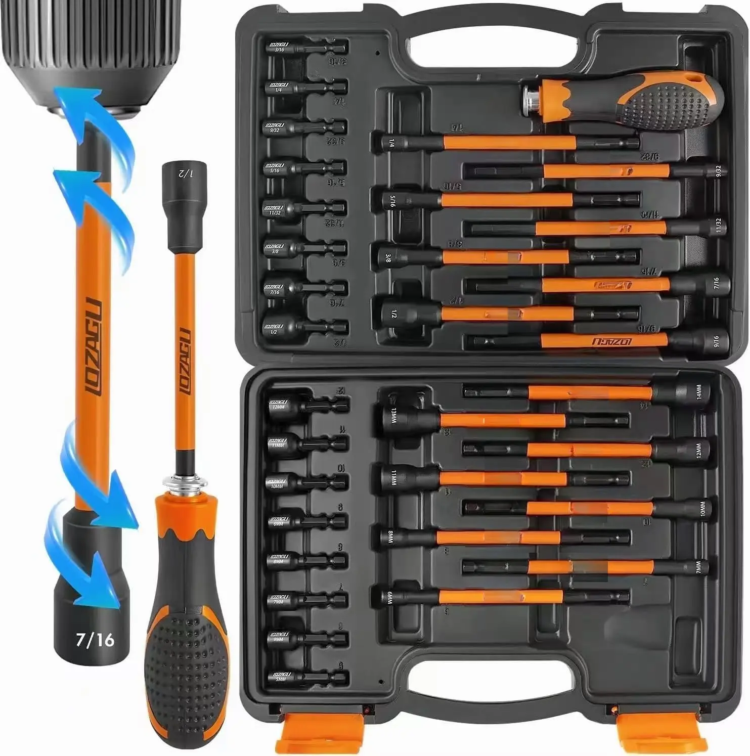 33 count  Nut Driver Set with Long Handle | 6 Inch Long Nut Driver Set | SAE and Metric | 1/4 Inch Hex Shank | Cr-V Steel