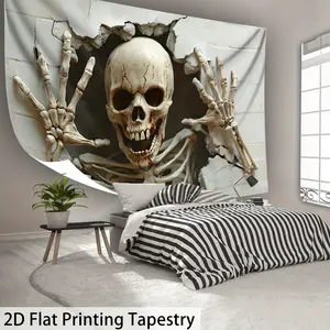 [Halloween Tapestry] Ultra large size - Halloween Skeleton Hole Wall - HD Digital Printing Huge Tapestry - Polyester - Home Decoration - 1pc - 2D Flat Printing - with Free Hanging Clips
