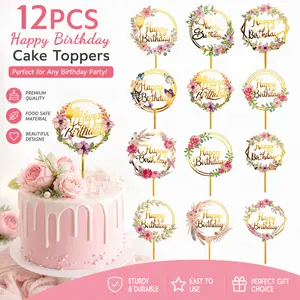 12 Pack Gold Happy Birthday Cake Toppers – Acrylic Flower Cupcake Picks & Cake Decor, Elegant Party Decoration for Birthday, Anniversary, Pastries, Dessert Display outdoorfun