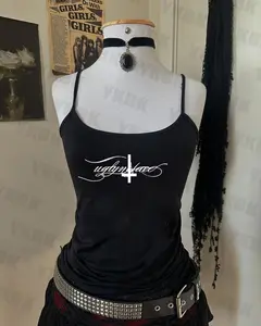 Letter cross print suspender casual streetwear harajuku grunge punk Y2K crop tops chic sexy lace trim emo girl hip hop women top