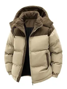 Men's Casual Hooded Down Jacket, Polyester Fiber Filled, Winter Color Block Design, Long Sleeve Detachable Hat, Warm Outerwear, Casual Fashion Jacket