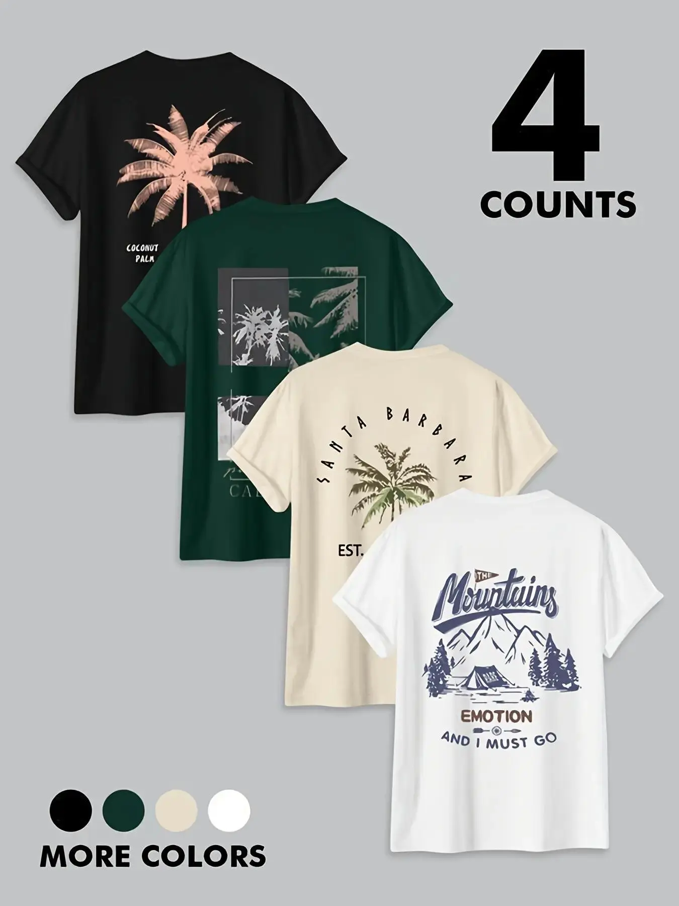 4-Pack Printed Graphic T-Shirts, Vintage Nature Style Casual Tees with Tropical Palm Tree & Mountain Prints, Breathable Crewneck Short Sleeve Tops, Perfect for Summer Beach, Camping & Daily Wear, Multi-Color Back Print Streetwear T-Shirts