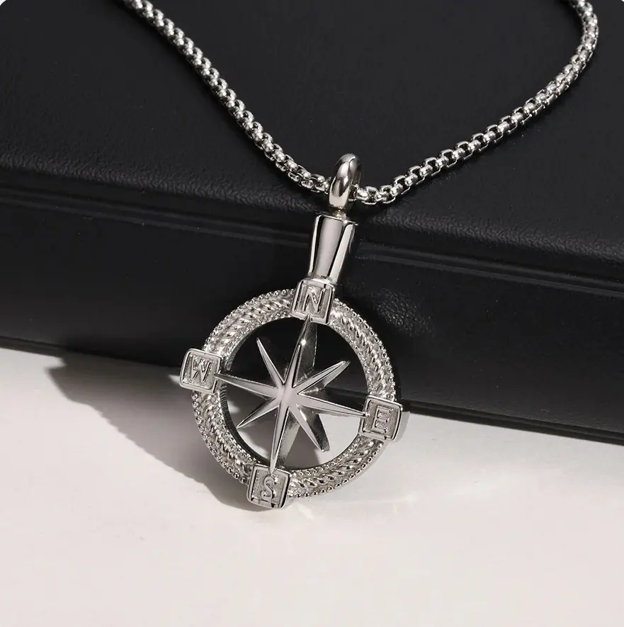 316L Stainless Steel Cremation Urn Star Compass Pendant Necklace
