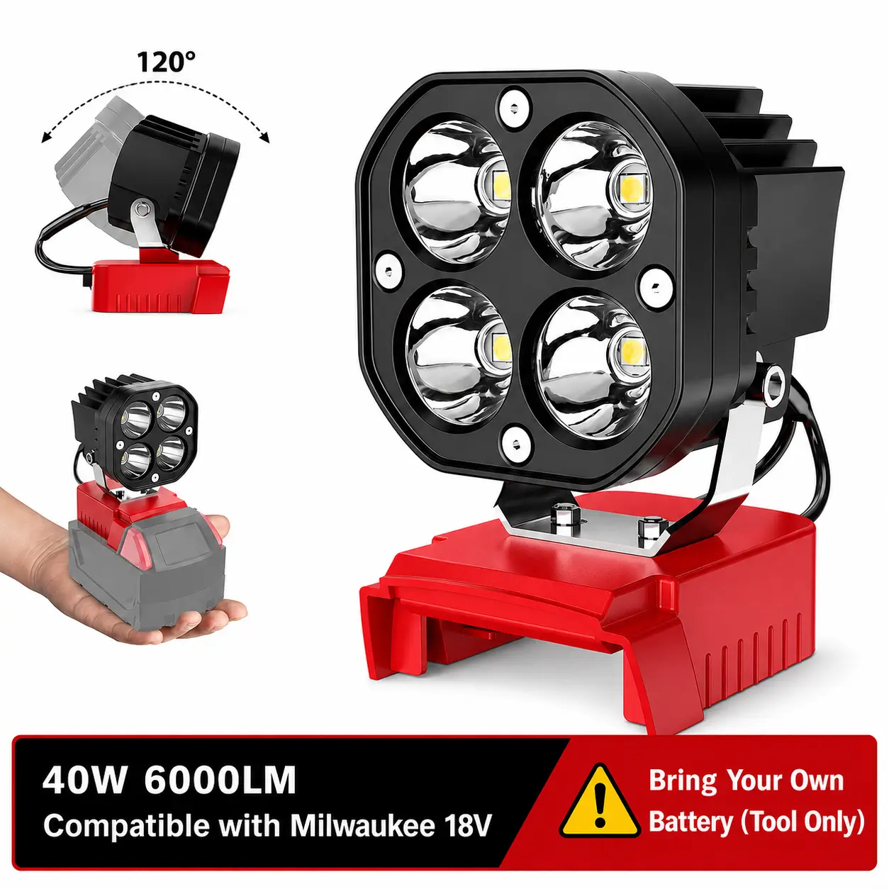 Azocek 6000LM Cordless LED Work Light for Milwaukee 18V Battery, 40W Super Bright Jobsite Floodlight with Low Voltage Protection, 120° Pivoting Head for Outdoor & Camping [Battery Not Included]