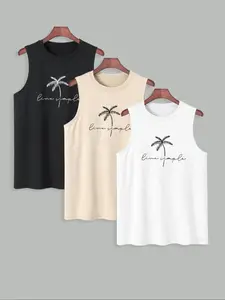 Men's Tropical Palm Tree Print Tank Top, Regular Fit Casual Sleeveless Round Neck Top for Summer, Workout Tank Top, Men's Top for Outdoor Daily Wear, Socks, Menswear