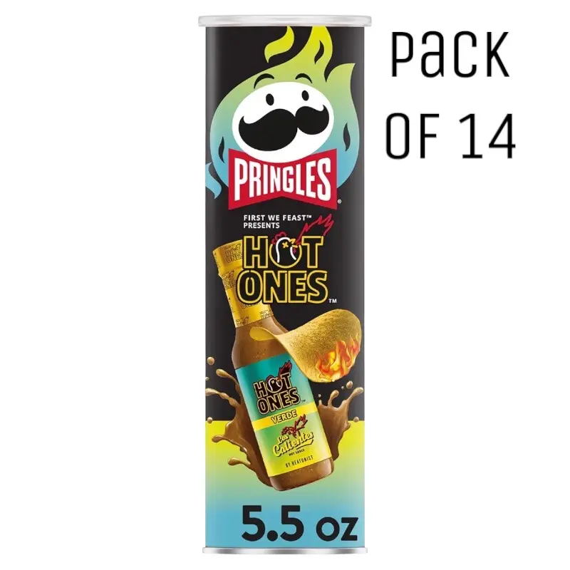 Pringles Hot Ones Los Calientes Verde Potato Crisps Chips Spicy Snacks Hot Sauce Inspired 5.5oz Can 14 Cans Contains Milk and Wheat Ingredients
