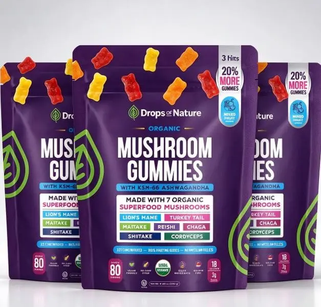 Drops Of Nature Ashwagandha KSM-66 Mushroom Complex Gummies | Reishi, Lion's Mane, Cordyceps, Chaga, Turkey Tail, Maitake, Shiitake Mushroom Supplement | Mixed Fruit Flavor, 80 Chewable Gummies Dietary Natural Fitness Vitamin Edible