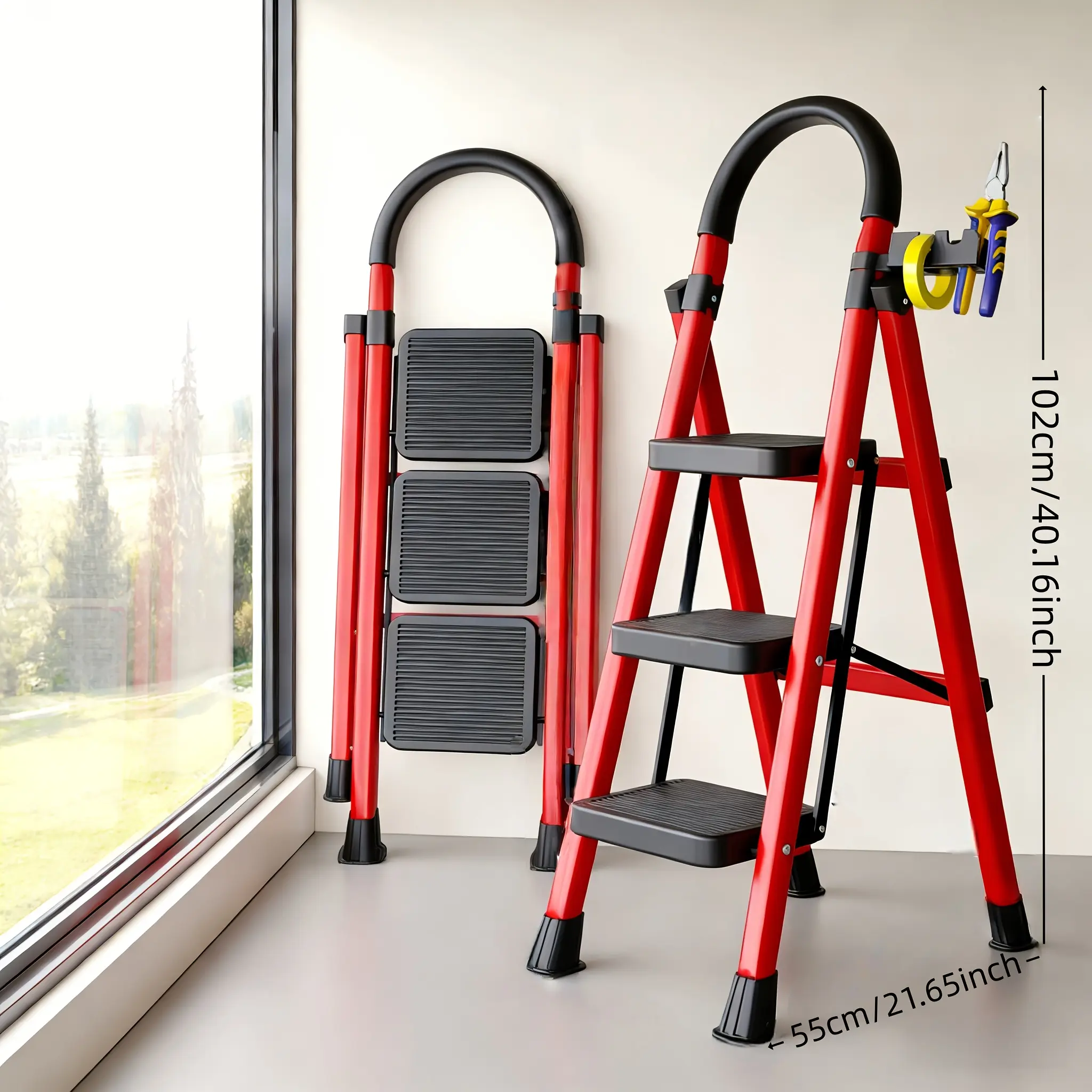 500lbs Load-bearing Folding Ladder | Heavy-duty Steel Step Stool with Anti-slip Wide Treads, Handrails, Safety Lock Design, Black and Red Color Scheme, Portable Multi-functional Ladder for Home and Kitchen Quantity: Mini Red