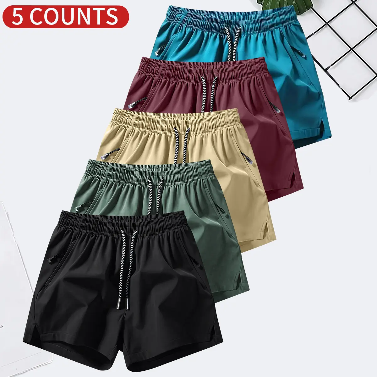 Men's Solid Color Casual Shorts Five-Piece Set, With Zipper Pockets, Summer Fashion Drawstring Sports Shorts, Suitable For Gym And Outdoor Wear Men's Solid Color Casual Shorts Five-Piece Set, With Zipper Pockets, Summer Fashion Drawstring Sports Shorts, Suitable For Gym And Outdoor Wear