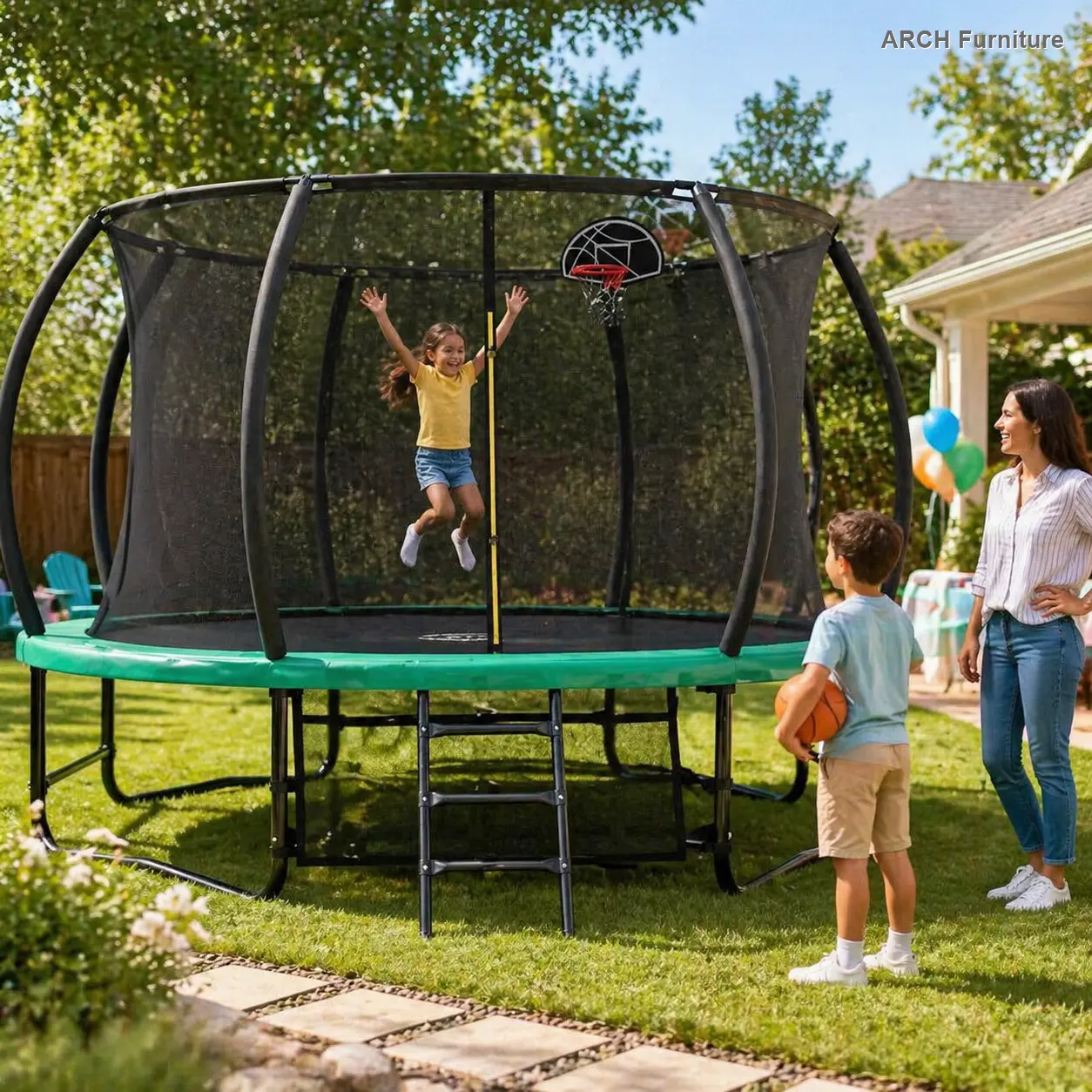ARCH 14FT Trampoline with Enclosure - Recreational Trampolines with Ladder and AntiRust Coating, ASTM Approval Outdoor Trampoline for Kids, Sturdy, Steel Frame, Anti-Rust Coat
