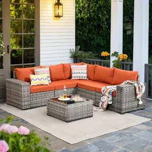 XIZZI Outdoor Sectional Patio Furniture Set with Fire Pit Table, 6 Pieces Wicker Conversation Sets L Shaped Couch, Extra Deep Out Door Sofa Outside Furniture with Glass Top Coffee Table for Porch