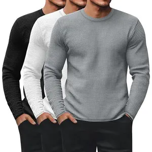 3-Pack Men’s Waffle Long-Sleeve Shirts, Crew Neck Thermal Base Layer Tops, Casual Pullover Sweaters, Knit Undershirts