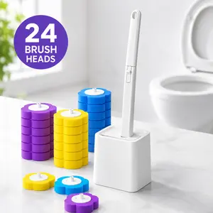 Disposable Toilet Brush Kit, Wall-Mount Design with 24 Cleaner Refills, Bathroom Cleaning Wand Set for Sink, Bathtub Drain and Wash Basin