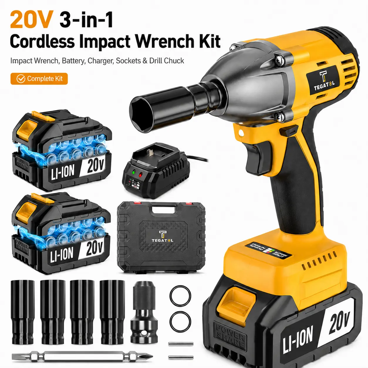 20V 3-in-1 Cordless Brushless Impact Wrench Kit (1 Kit), 1/2-in Gun with Impact Drill, 500Nm Max Torque, 4.0Ah Batteries, Charger, Sockets, Drill Chuck & LED Work Light for Tire Removal, Lug Nuts, Brushless Motor, Cordless Drill