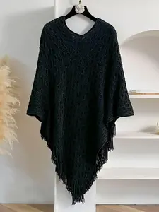 Women's Solid Color Fringe Trim Knit Shawl, Casual Elegant Open Front Cape Shawl for Daily Wear, Fashion Accessories for Women & Girls, Trendy Solid Shawl