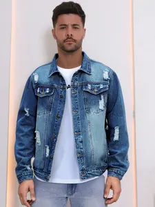 Men's Fashion Casual Washed Light Color Single-Breasted Long Sleeve Denim Jacket, Trendy Aesthetic Street Style Distressed Ripped Jean Coat for Outdoor Wear Gift Menswear