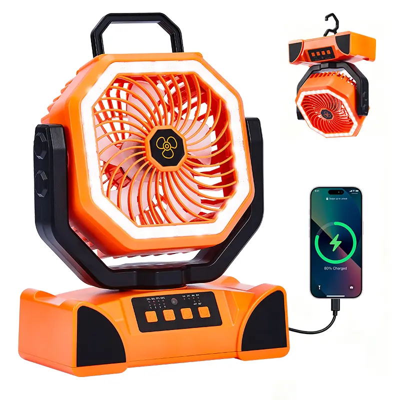 Portable Rechargeable Camping Fan with LED Light, Cordless Tent Fan with 360° Hanging Hook, Oscillating Airflow & Power Bank Function, Lightweight Battery-Powered Fan for Camping, RV, Travel & Outdoor Use