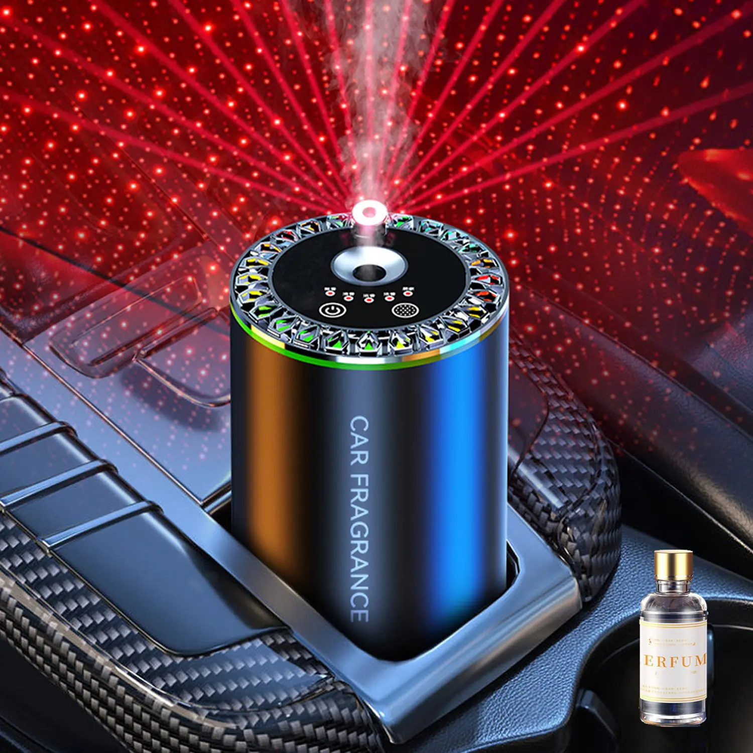 Smart Car Air Freshener, Car Air Freshener Diffuser With Starry Sky Projection and 50ml Perfume, Auto On/Off Intelligent, 5 Mode Adjustable Rechargeable Aroma Diffuser