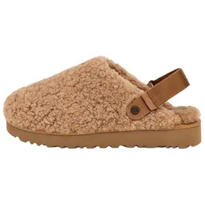 UGG Women's Brown Fleece-Lined Slip-On Slipper Footwear, Non-Slip Toe, Soft Lining, Durable Rubber Soles for Indoor-Outdoor Comfort