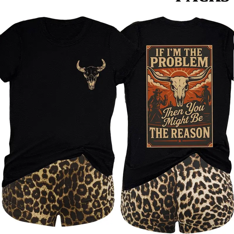 2-Pack Value Set, Matching Short-Sleeve Tees & High-Waisted Leopard Print Shorts, Comfortable Sleepwear for Lazy Days & Cozy Nights, Loungewear Pajama Set