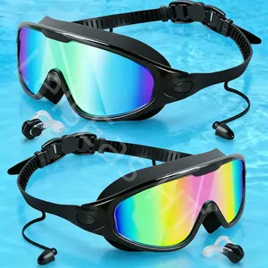 2 large frame adult high-definition anti fog electroplatedswimming goggles, UV resistant silicone goggles withwaterproof earplugs, nose clips, and goggles case, easy towear, comfortable and snug adjustable goggles