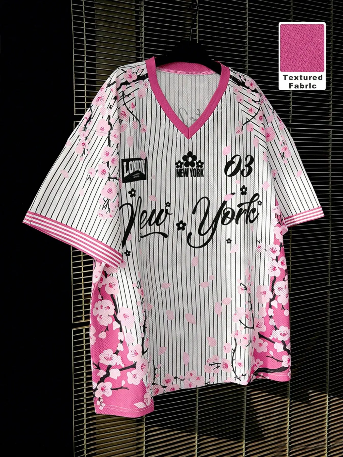 Sakura Mesh Jersey T-shirt, Textured Fabric Pink Trim Oversized Tee, 03 Number New York Graphic Streetwear, Lightweight Breathable Baseball Jersey for Summer, Casual Sporty Top, Casual Loose Fit Shirt for Daily & Sports, Breathable Sports Tops