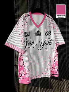 Viral Sakura Mesh Jersey T-shirt, Textured Fabric Pink Trim Oversized Tee, 03 Number New York Graphic Streetwear, Lightweight Breathable Baseball Jersey for Summer, Casual Loose Fit Pinstripe Cherry Blossom Shirt for Daily & Sports, Sports Tops