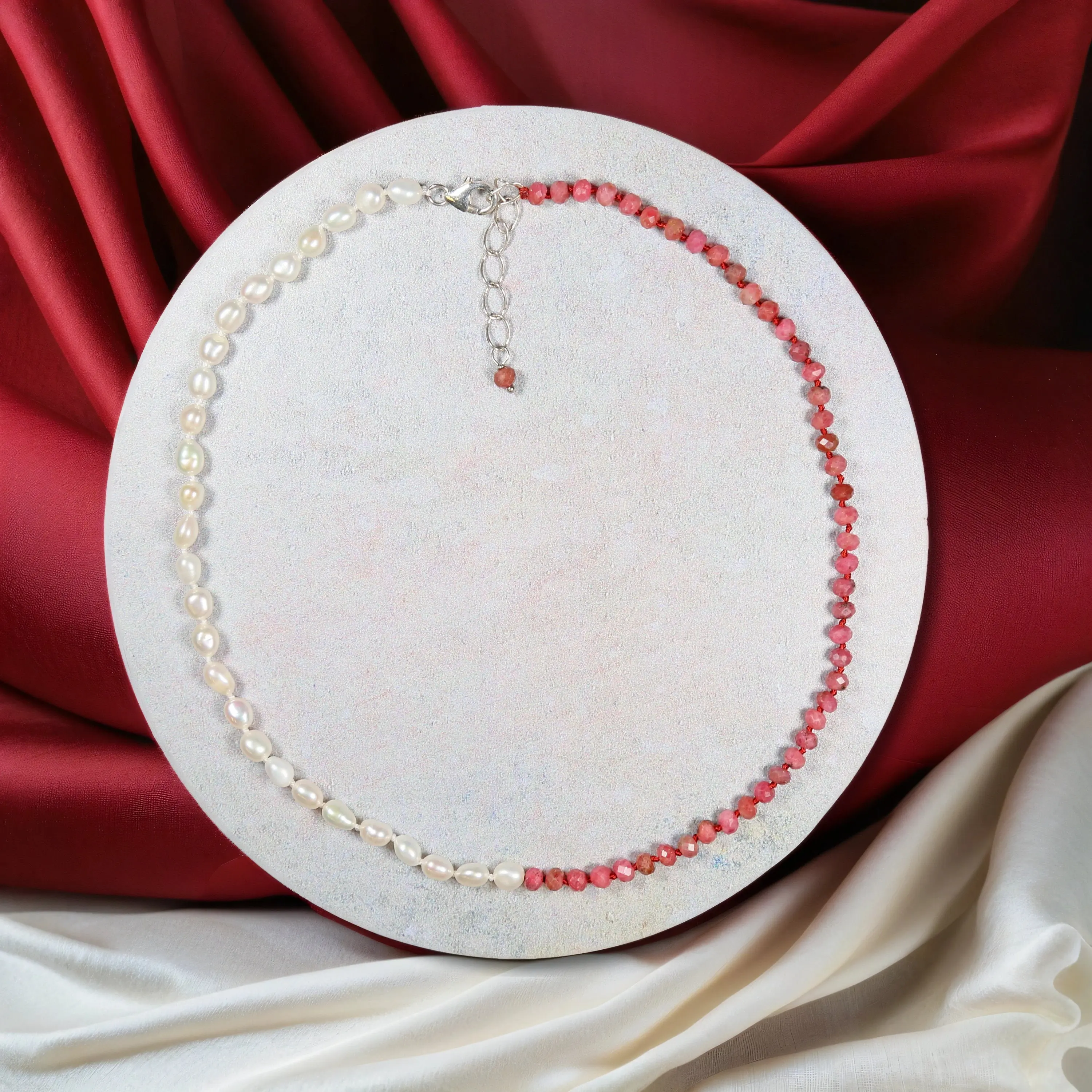 Rhodonite and Freshwater Pearl Short Necklace. Rhodonite natural pearl necklace women. Freshwater Pearl Choker Necklace.