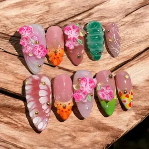 3D Floral Orchid Blossom Press On Nails, Elegant Soft Pink Flower & Leaf False Nails