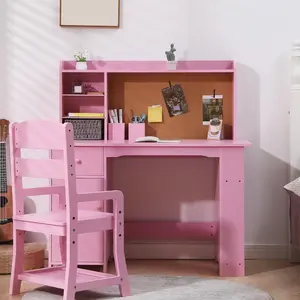 Kids Study Desk with Chair, Kids Desk and Chair Sets with Hutch, Drawer and Storage Cabinet, Wooden Children Study Table with Cork Bulletin Board, Student Writing Desk for Kids Bedroom, best gifts