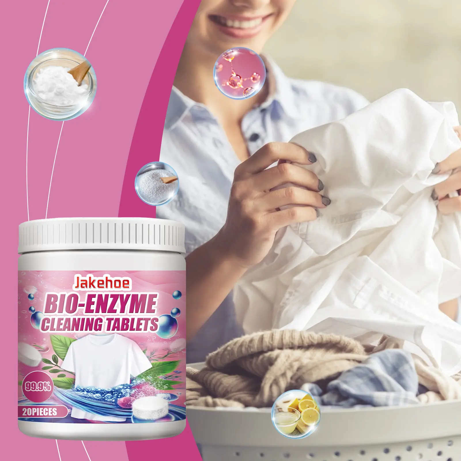 Jakehoe Laundry Effervescent Tablet Detergent - Lemon-Scented Enzymatic Stain Removal Powder Tablets, Clothes Stain Cleaner with Baking Soda, Sodium Percarbonate for Fabric Decontamination