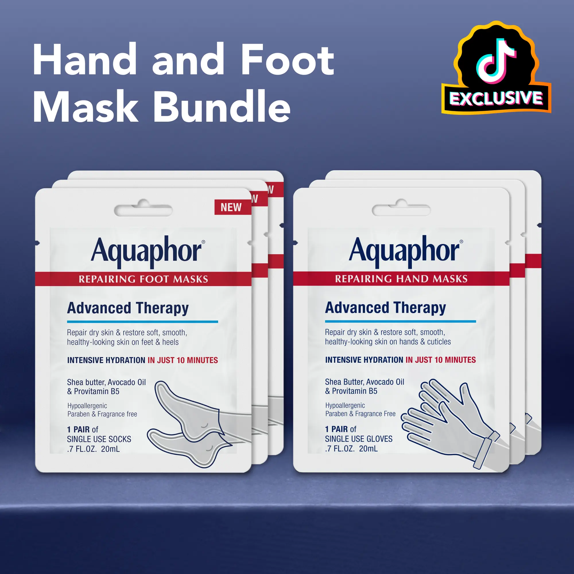 Aquaphor Ultimate Repair Duo Hand & Foot Masks - 3 Pairs of Gloves & Socks Infused with Avocado Oil & Shea Butter for Dry Skin Hydration & Moisturizing Care - Gentle Formula for Intensive Hydration & Smooth Skin