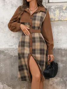 New Autumn Winter Casual Boho Style Office Vintage Shirt Collar Plaid Patchwork Woven Slim Dress Women, Retro Style, Long Sleeve, Fall Fashion, Womenswear
