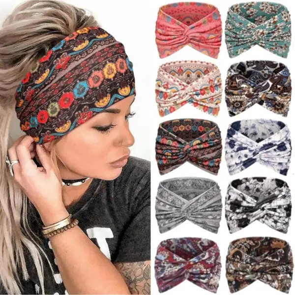 10PCS Wide Headbands for Women, 7.08 Inch Thick Boho Turban Style Hair Wraps, Non-Slip Moisture-Wicking Workout Headband for Sports, Yoga, Daily Fashion