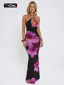 Women's Long Floral Print Sleeveless Dress, Fashion Cross Back Tie Design, Elegant Evening Vacation Style, Perfect for Summer, Womenswear, Floral Printed Dress, Floral Pattern Dress