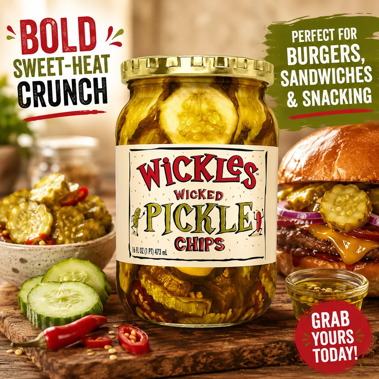 Wickles Wicked Pickle Chips - 16 oz Pantry Staple Pickled Vegetable Snack