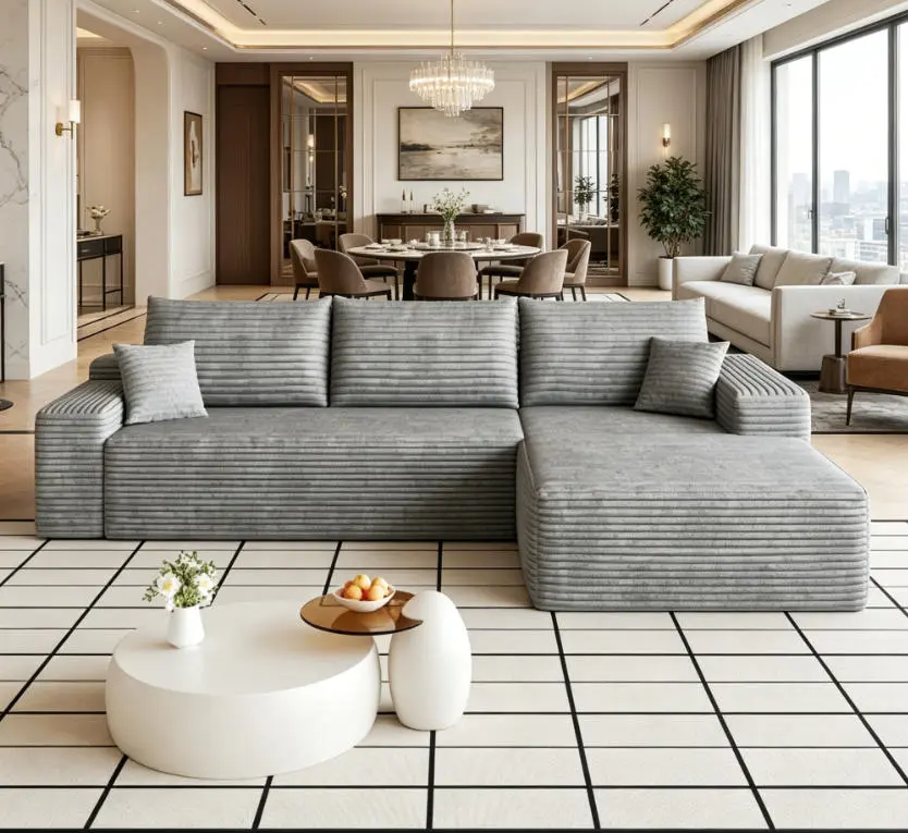 Plush Corduroy Fabric 107" L-Shape Cloud Modular Sectional Sofa, Deep-Seat Reclining Modern Upholstered Couch for Living Room, No Assembly Required, Grey