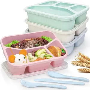 Snack Containers for Adults(4 Pack),Snack Bento Box Reusable, 4-Compartment Snackle Box Perfect for Work & Travel, Wheat Straw Material, 4 Colors