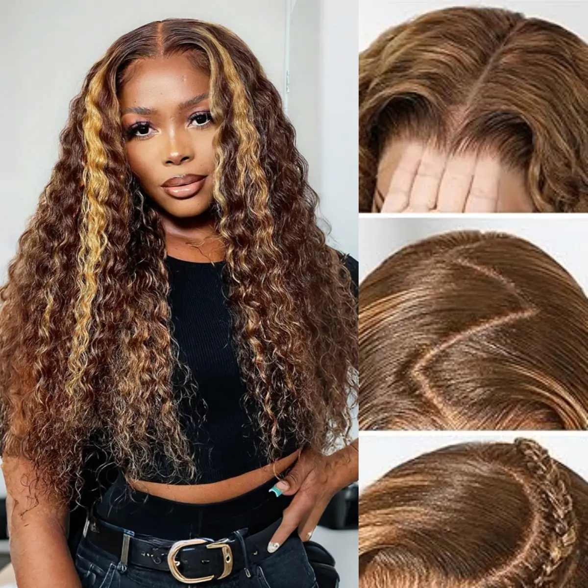 Boifit Hair 200% Density Honey Blonde Ombre Highlight Lace Front Wig Human Hair 13x6 Deep Wave HD Lace Curly 100% Human Hair Wigs, Tangle Free, Glueless Wig