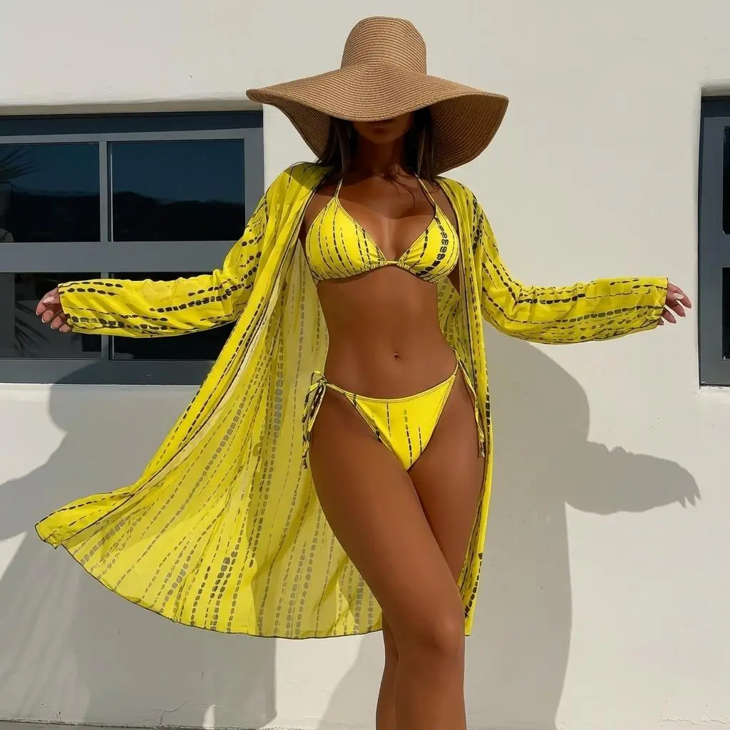 Women's Lemon Yellow 3-Piece UV-Protective Bikini Set - Gingham Triangle Top, Leaf Print Bottoms, Long-Sleeve Split Tie-Detail French Vintage Halter Cover-Up for Beach Vacation