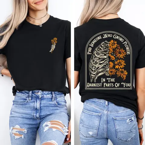 Women's Washed Ribbed Crew Neck Graphic T-Shirt - Clothes for Women, Everyday Tops, Casual Loose Oversized "Grows Flowers" Sunflower Print, Soft Cotton Short Sleeve, Baggy Elastic Fabric Stylish Top