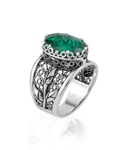 Filigree Art Emerald Gemstone Tulip Detailed Silver Women Statement Ring