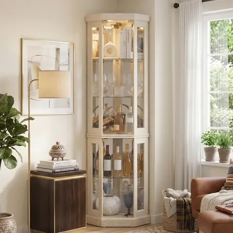 Eyisean 70" Corner Curio Cabinet with Glass Door, Lighted Glass Display Cabinet with Adjustable Shelves, Acrylic Mirror Back, 5-Tier Showcase Display Case for Collectibles, Living Room, Entryway, 150 Lbs Weight Capacity