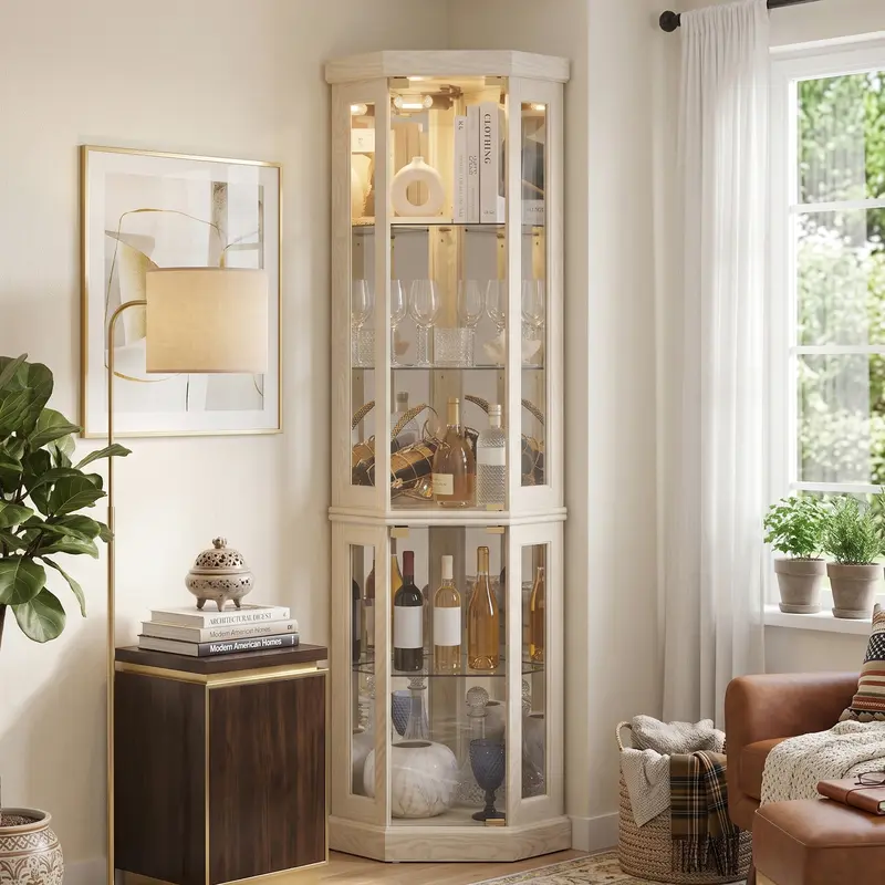 Eyisean 70" Corner Curio Cabinet with Glass Door, Lighted Glass Display Cabinet with Adjustable Shelves, Acrylic Mirror Back, 5-Tier Showcase Display Case for Collectibles, Living Room, Entryway, 150 Lbs Weight Capacity