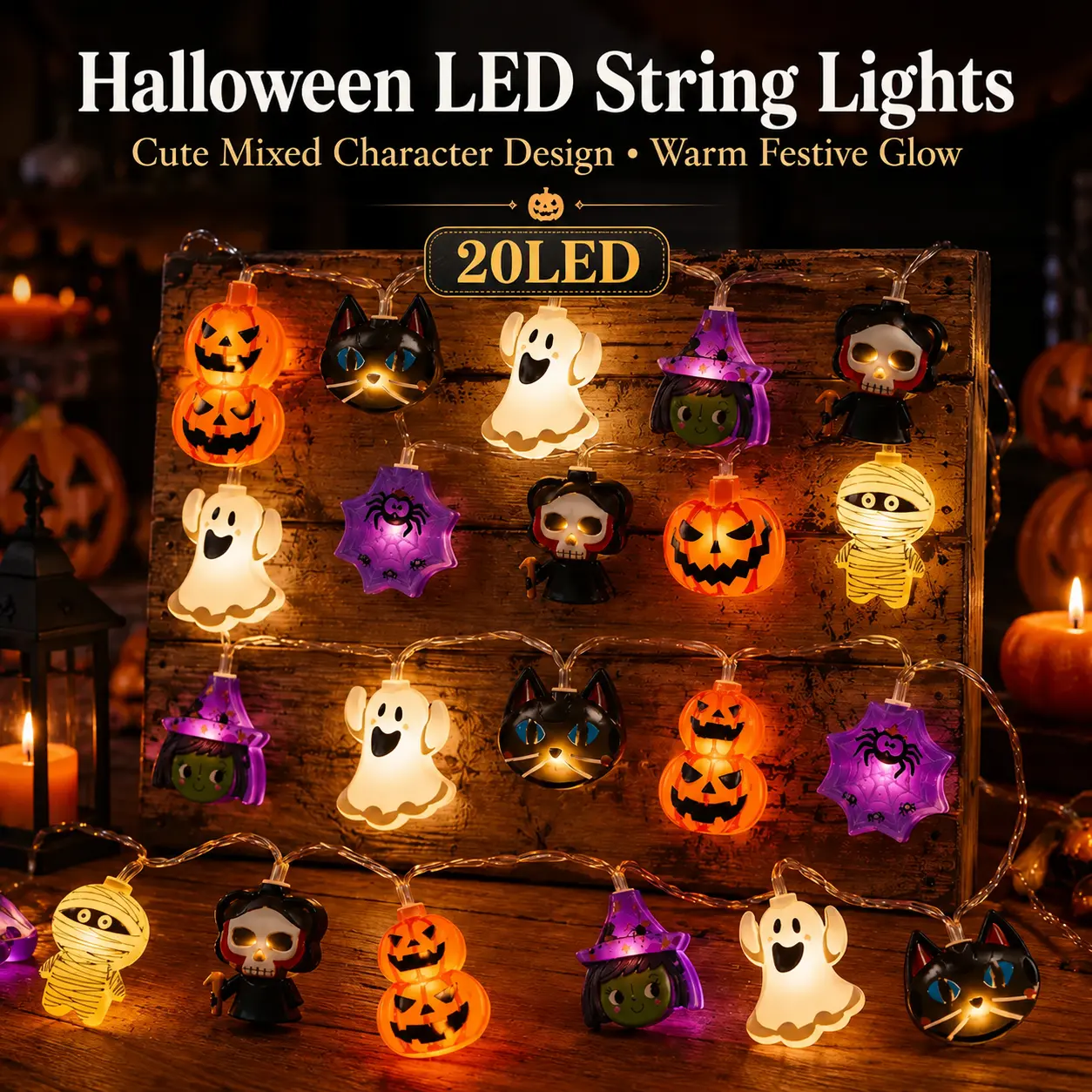 20-LED Halloween Eclectic-Style Pumpkin and Witch String Lights, LED Fairy Lights, Battery-Powered, Spooky Halloween Decor, Perfect for Bedrooms, Staircases, Homes, Mantels, Windows, Porches, and Day of the Dead Party Decorations