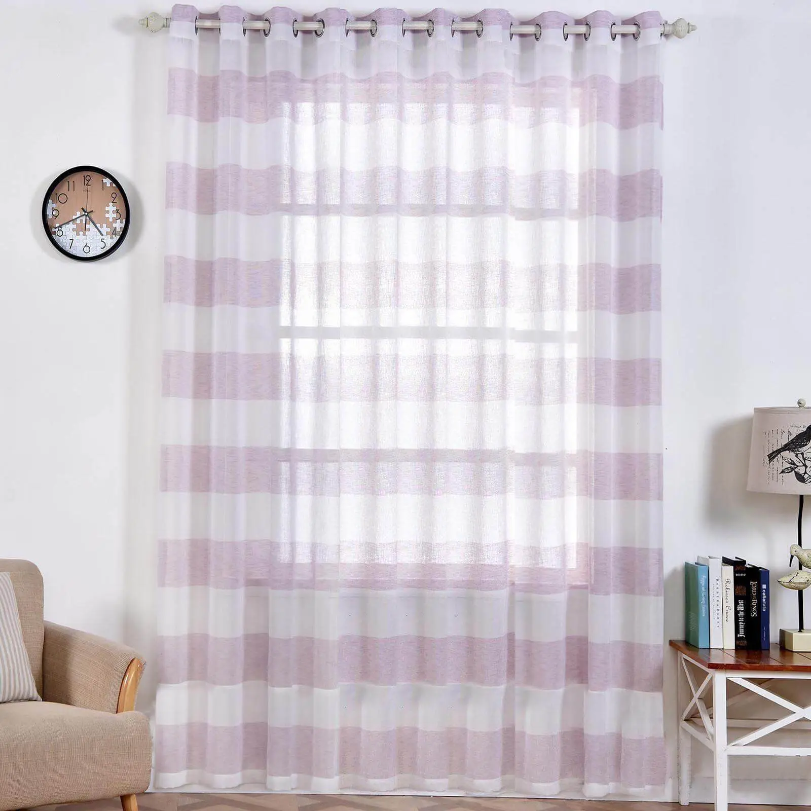 2 Pack Grommet Curtains - White Lavender Lilac All Over Print Faux Linen Pattern Panels, Chrome Grommets, 52"x108", Room Decor Window Hanging Curtain
