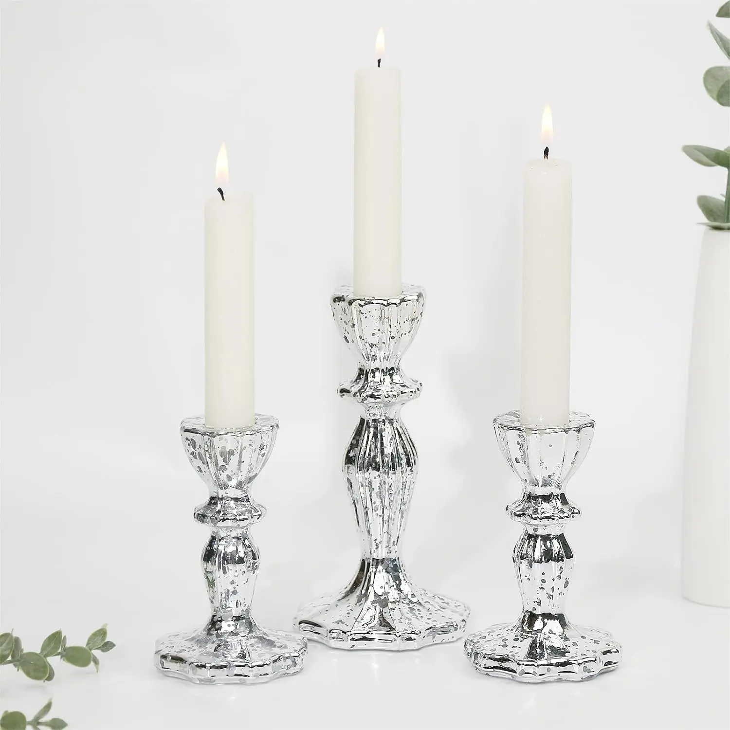 Glass Candlestick Holders Set of 3, Silver Mercury Taper Candle Holders for Table Centerpiece, Home Decor, Wedding, Birthday, Party, Christmas